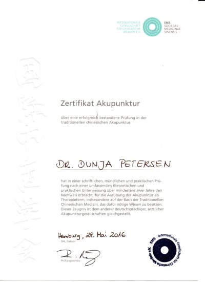 Akupunktur-Zertifikat Deutschland Dr. Dunja Petersen